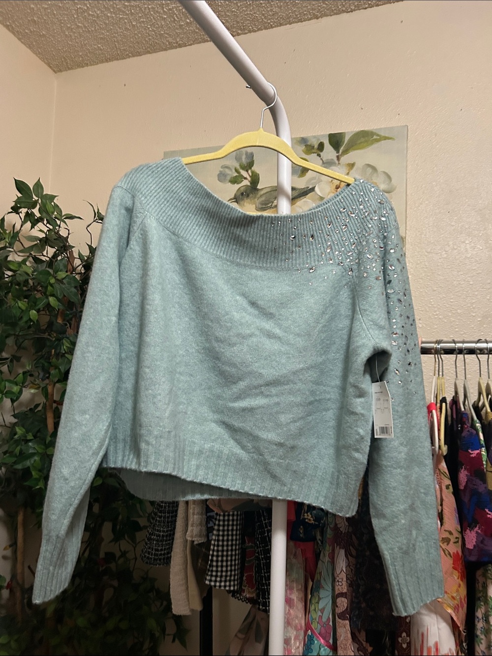 Nine West Light Blue Off-Shoulder Embellished Sweater